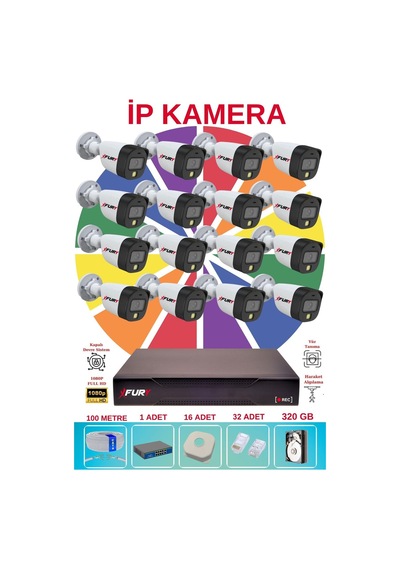 Fury 16 Lı Ip Güvenlik Kamera Seti Sesli 4mp Gece Renkli Su Geçirmez 5515s 320gb