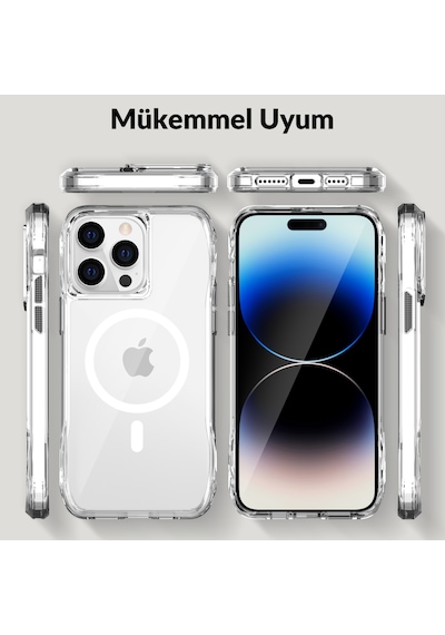 Bix iPhone Uyumlu 13 Pro / 14 Pro Octagon Hava Yastıklı Magsafe Kılıf Maksimum Korumalı Antrasit Kristal Şeffaf