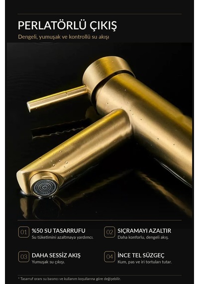 Lavabo Bataryası Mat Gold Fırçalı Altın 304 Paslanmaz Aç Kapa Banyo Bataryası Leke Tutmaz Mat Altın