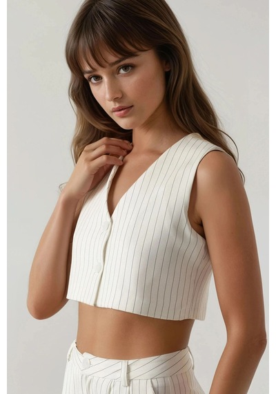 Hiccup Pika Collection Fitted Striped Crop Yelek Beyaz