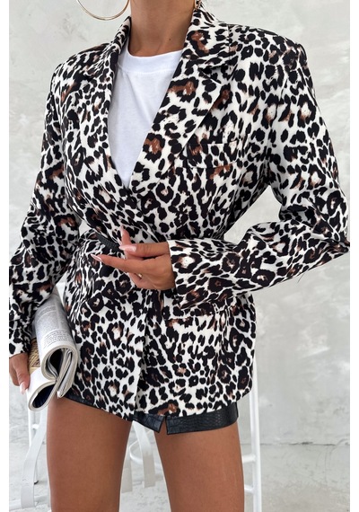 Femelle Kadın Leopar Desen Astarlı Blazer Ceket ekru