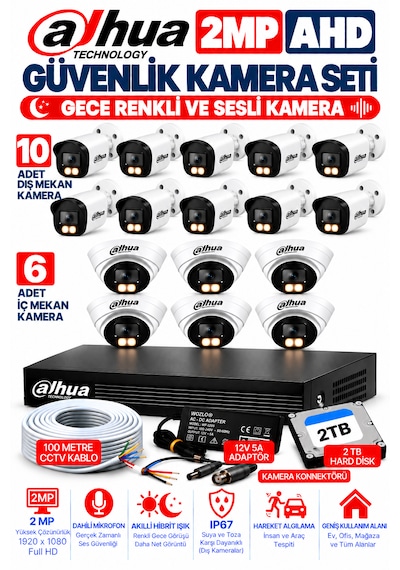 16'lı 2mp Ahd Full Color Renkli Gece Görüş Sesli Kamera Seti 10 İç - 6 Dış Mekan Kamera