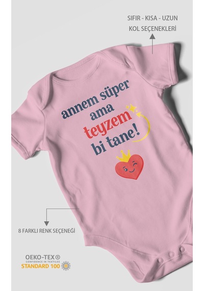 Morivokids Annem Süper Ama Teyzem Bi Tane Kısa Kollu Bebek Body %100 Pamuk Koyu Pembe