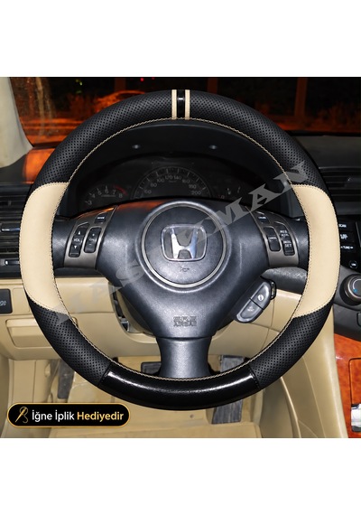 Honda Accord Cu2 Dikme Direksiyon Kılıfı Delikli Deri Parlak Siyah Bej Detay Çift Yüzük Ve Dikiş Sız Elegance-executive 2008-2011