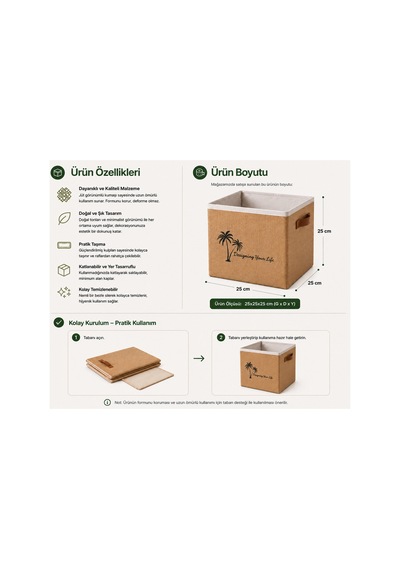 Jüt Dolap Düzenleyici Saklama Kutusu 25x25x25 Cm Katlanabilir Çok Amaçlı Organizer Sepet Doğal