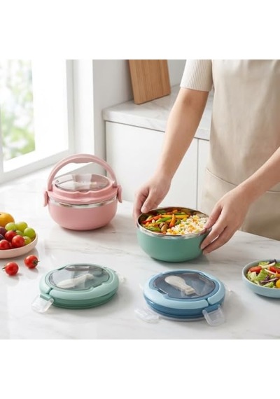 Deconox 700 Ml Paslanmaz Çelik Yemek Kabı, Kaşıklı, Saplı Ve Kilitli Yuvarlak Lunch Box, Mavi Yeşil Pembe Renk Seçenekli, 12x11x13cm Kapaklı Saklama Ve Taşıma Kabı