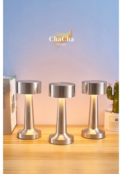Chacha Home Nova Metal Led Masa Lambası 22x10 Cm - Modern Silindir Başlıklı Lüks Dekoratif Abajur Gümüş