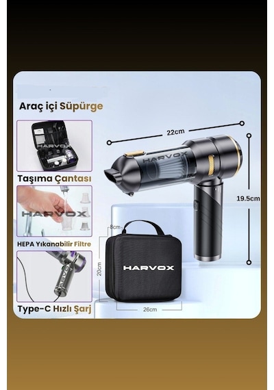 Bagajon Harvox 18.000 Pa Güçlü Profesyonel Araç Süpürgesi I6000 Mah Batarya Taşınabilir,üflemeli, Çantalı Gri-kahve