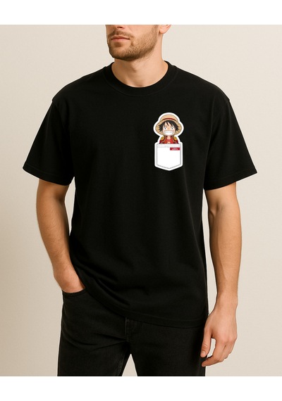 One Piece Cep Tasarımlı Baskılı T-shirt Siyah