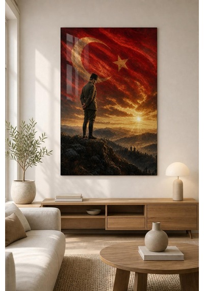 Atatürk Ve Türk Bayrağı Baskılı Cam Tablo Uv Baskı Milli Dekoratif Duvar Tablosu