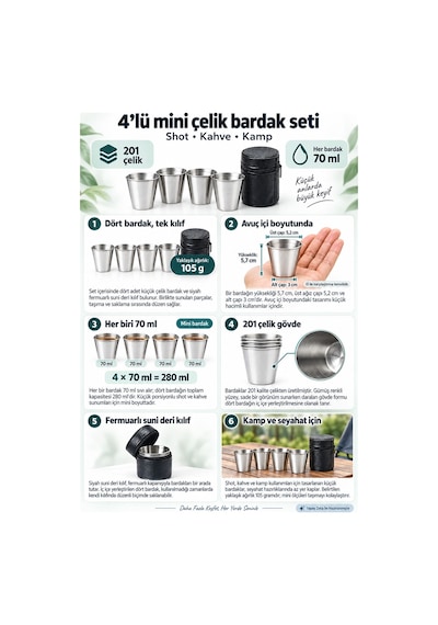4 Adet Deri Kılıflı 70 Ml. Çelik Shot Kahve Kamp Bardağı Rd95 Gri