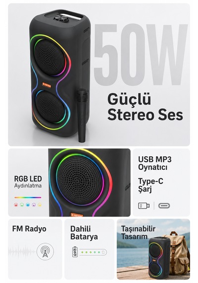 Aşınabilir Mikrofonlu 50w Led Işıklı Bluetooth Hoparlör Seti