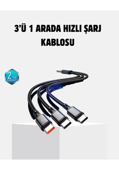 Mey İthalat 3 Başlıklı Hızlı Şarj Kablosu Metal Alaşımlı Dayanıklı Ve Akıllı Çipli