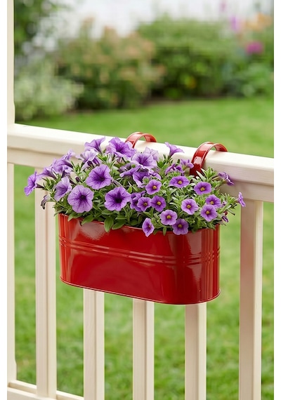 Askılı Metal Elips Saksı - Sökülebilir Askılı Balkon Saksılık Ve Çiçeklik 7 Litre Kırmızı