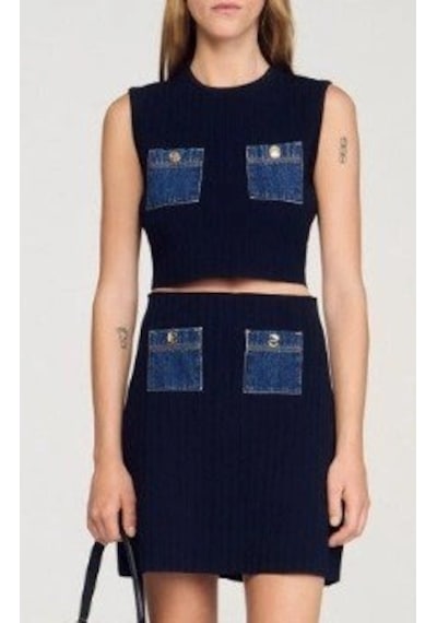 Defymoda Kadın Sıfır Kol Bluz Ve Mini Etek, Cep Detay Triko Takım Lacivert