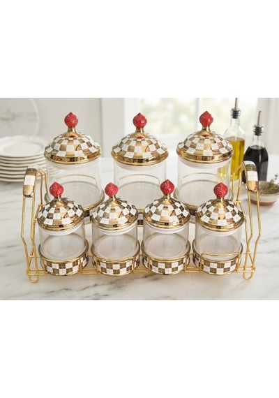 Artworks Leo Gold Dama Desenli Lüx 7 Parça Porselen Baharat Seti Sarı
