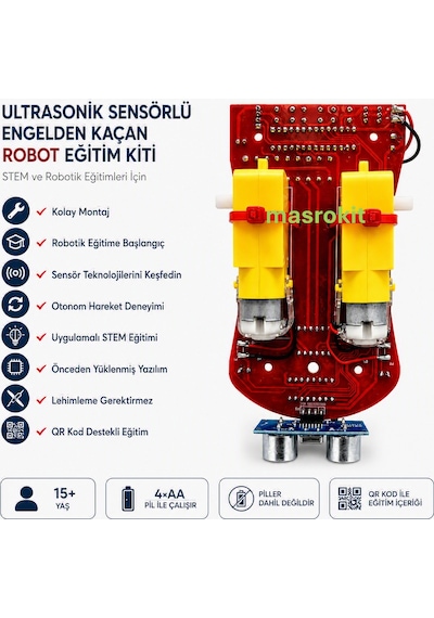 Masrokit U2l-7716 Ultrasonik Sensörlü Engelden Kaçan Robot Eğitim Kiti Sarı Motorlu