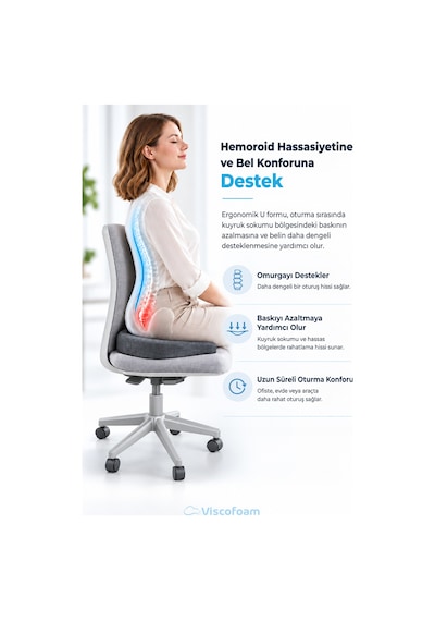 Viscofoam Ortopedik Oturma Minderi Hemeroid Kuyruk Sokumu Coccyx Oturma Minderi Visco Minder Gri