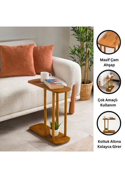 Furnirem Masif Çam Ahşap Modern C Sehpa Koltuk Yanı Yan Sehpa 49x24x55 Cm Meşe