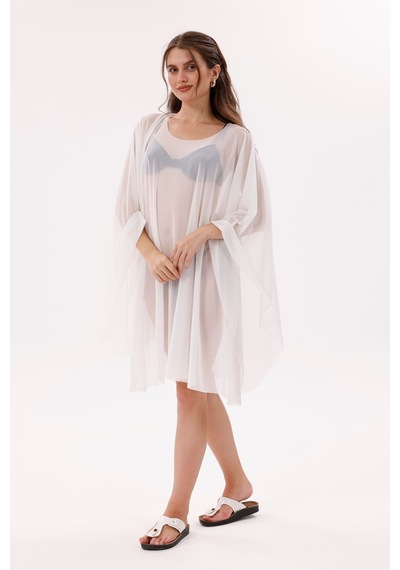 Tarzını Seç Kısa Kimono Pareo - Tesettür Pareo - Esnek Likralı Tül Beyaz 180x135 Cm Çok Renkli