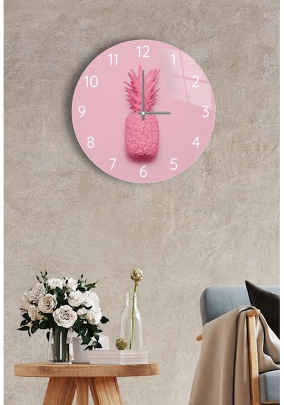 Çap 27 Cm Pembe Ananas Dekoratif Cam Saat Pembe
