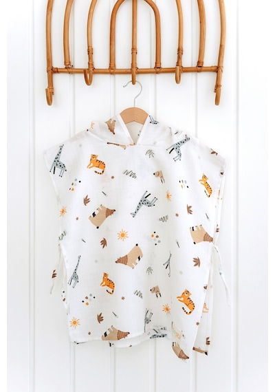 Esti Baby Kapşonlu Müslin Panço %100 Pamuk Bebek / Çocuk Plaj Havlusu / Bornozu Animal Party