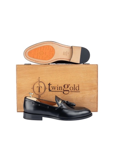 Twingold İsme Özel Loafer Erkek Ayakkabı - %100 Hakiki Açma Deri - Altın Harf - Aa01003 - Siyah Siyah