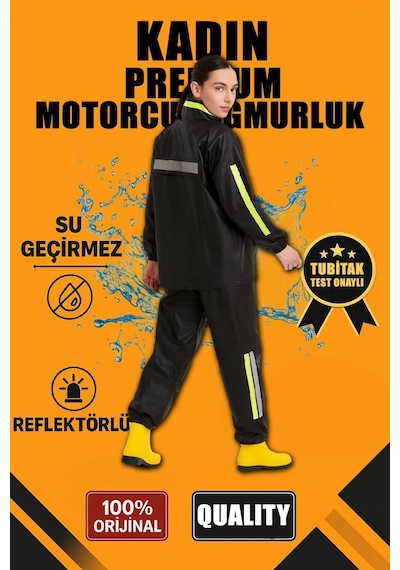 Mbb E-ticaret Kadın Premium Motorcu Kurye Yağmurluk Takım Su Geçirmez Pvc Reflektörlü Siyah