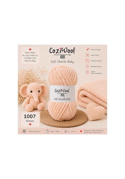 Kadife İp Soft Chenille Bulky 5'li Paket 5x100 Gr 120 Mt El Örgü İpi Somon - 875823131