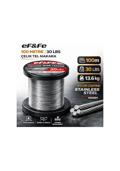 Effe Hg2501 Çelik Tel Makara 100m 30lbs 13.6kg Nylon Coating Stainless Steel 30 Lbs