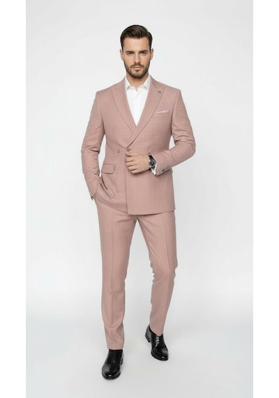 Erkek Slim Fit Çizgili Takım Elbise 2 Top Düğmeli, Çift Yırtmaçlı Modern Kesim Kiremit