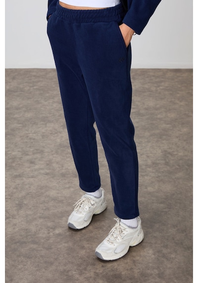 Tommy Life Lacivert Kalın Yumuşak Dokulu Kapüşonlu Oversize Nakışlı Polar Kadın Eşofman Takım -95338 Lacivert