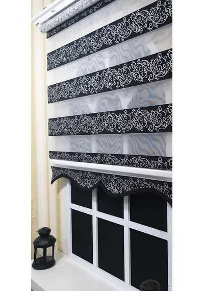 Zebra Stor Perde Siyah Sarmaşık Desen Gümüş Simli Etek Dilimli Stb9300 V 03