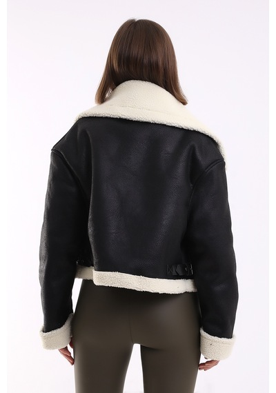Winmoda34 İçi Kürk Astarlı Biker Kısa Ceket Siyah
