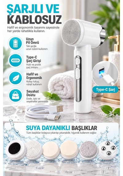 Tr Elektrikli Yüz Temizleme Cihazı, 6 Değiştirilebilir Başlıklı, Beyaz