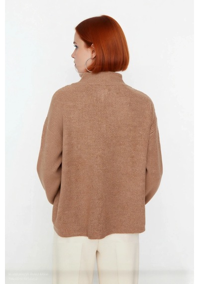 Ersefa Kadın Oversize Basic Dokulu Uzun Kollu Fermuarlı Dik Yaka Selanik Camel