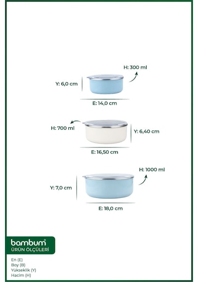 Bambum Lumino 3 Lü Emaye Saklama Kabı Mavi B7693 300+700+1000ml
