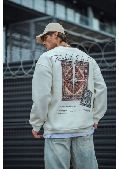 Modi Green Baskılı Erkek Günlük Stil Beyaz Uzun Kol Bisiklet Yaka Sweatshirt 2XL