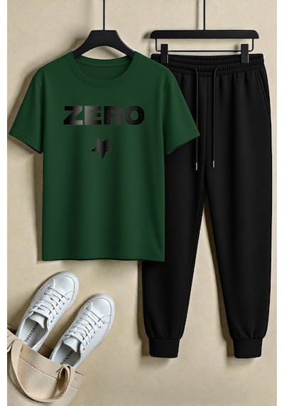 Uyguntarz Unisex Zero Tasarım Baskılı Tişört - 2'li Eşofman Takımı Yeşil