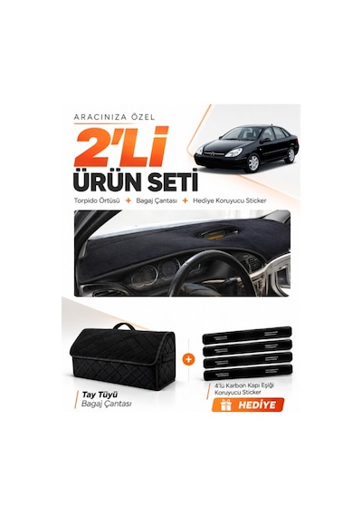 Citroen C5 2001-2004 Uyumlu Torpido Örtüsü + Tay Tüyü Bagaj Çantası + Sticker Seti - Siyah