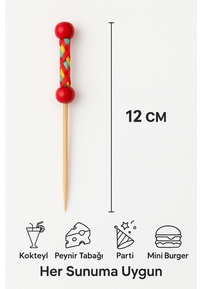 50'li Pkt - Kırmızı Örgülü Şık Sunumlar İçin 12 Cm Dekoratif Bambu Kürdan Parti Ve Davet Kürdanı