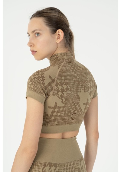 Maraton Slimfit Kadın Bisiklet Yaka Vizon Crop Top Vizon