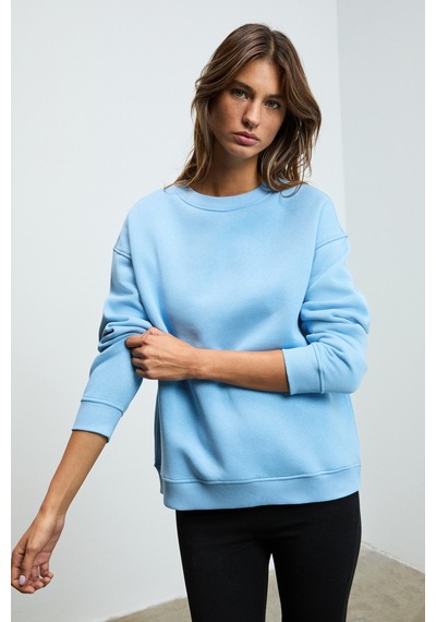 Grimelange Susana Kadın Bisiklet Yaka İçi Polarlı Oversize Fit Basic Mavi Sweatshirt Mavi