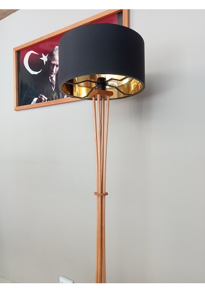 Siyah Gold Başlıklı Açık Meşe Ahşap Lambader Gold Siyah