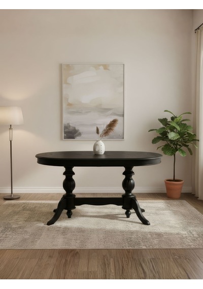 Lindon Çift Baba Ayaklı Açılır Masif Ahşap Oval Yemek Masası 100x170 Siyah