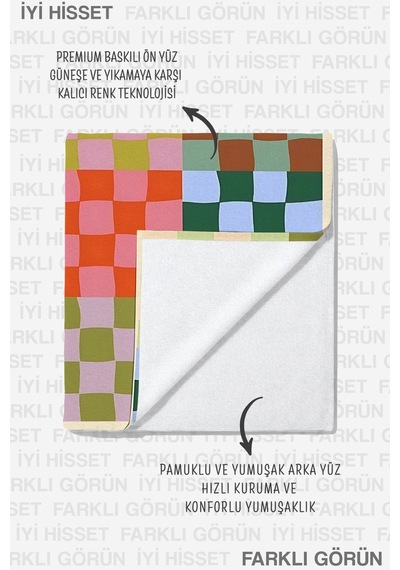 Damalı Geometrik Retro Plaj Havlusu - Renkli Modern Patchwork Hızlı Kuruyan Mikrofiber Havlu Eski Akasya