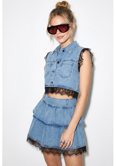 Shade Kadın Dantel Detaylı Crop Denim Yelek Katlı Mini Denim Etek Alt-üst Takım 8218 60286244 - Mavi Shade Kadın Dantel Detaylı Crop Denim Yelek Katlı Mini Denim Etek Alt-üst Takım 8218 60286244 - Mavi