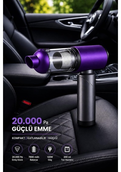 20.000 Pa Kablosuz El Süpürgesi 120w Güç, 7800 Mah Batarya, 200 Ml Toz Haznesi, 8 Başlıklı, Taşıma Çantalı Mini Araç & Ev Süpürgesi Mor