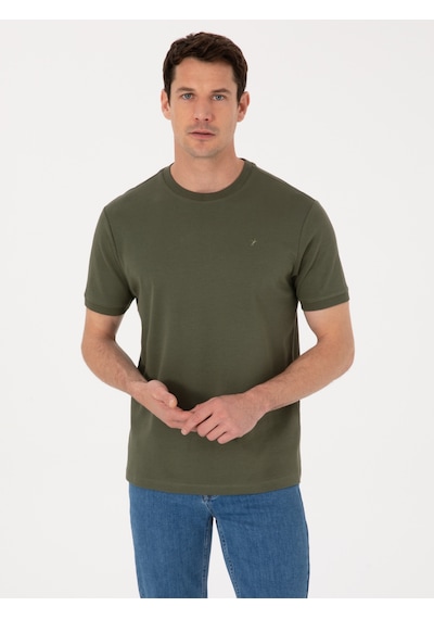Haki Regular Fit %100 Pamuk Bisiklet Yaka Basic T-shirt Yeşil