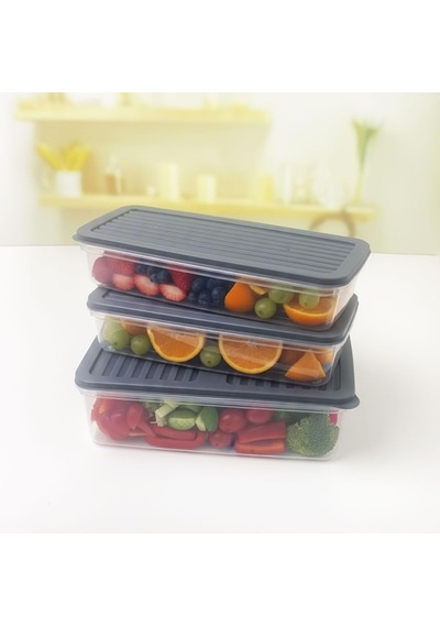 3 Lü Slim Buzdolabı Ve Derin Dondurucu Saklama Kabı Seti, 1 Büyük 28cm Ve 2 Küçük 27cm İnce Uzun Erzak Kutusu, Gri Ve Beyaz Kapaklı Mutfak Düzenleyici Gr İ- 3lü Set